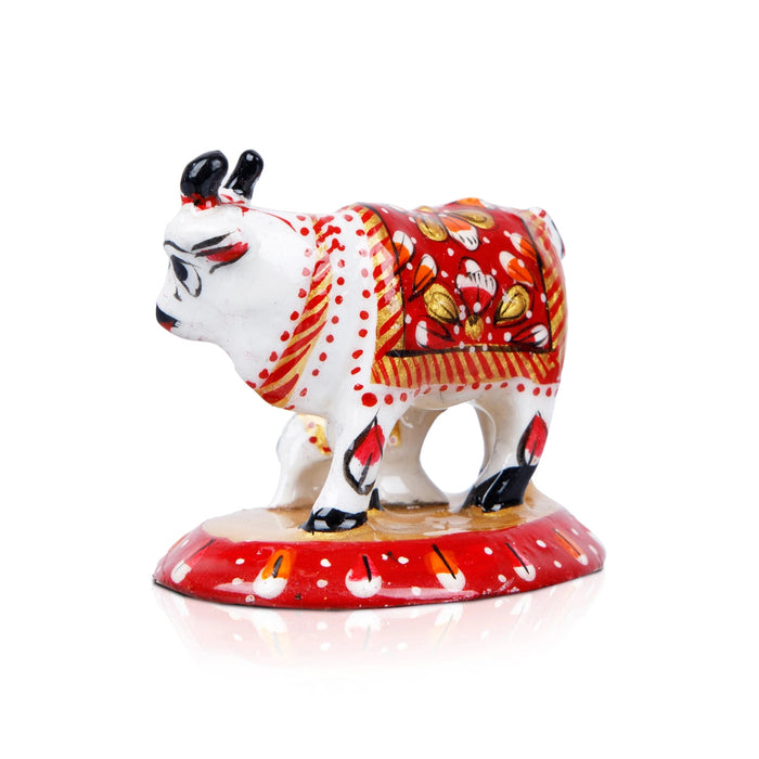 Cow and Calf Idol - 2 x 2.5 Inches | Cow Calf Idol/ Painted Metal Kamadhenu Statue for Pooja