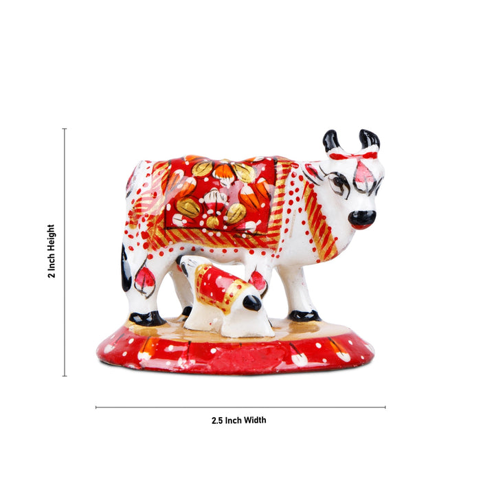 Cow and Calf Idol - 2 x 2.5 Inches | Cow Calf Idol/ Painted Metal Kamadhenu Statue for Pooja