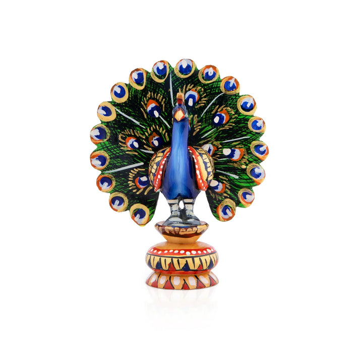 Peacock Statue - 3 x 2 Inches | Wooden Statue/ Painted Dancing Peacock Sculpture for Home Decor