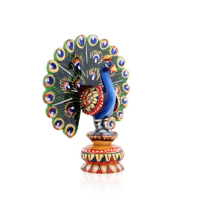 Peacock Statue - 3 x 2 Inches | Wooden Statue/ Painted Dancing Peacock Sculpture for Home Decor