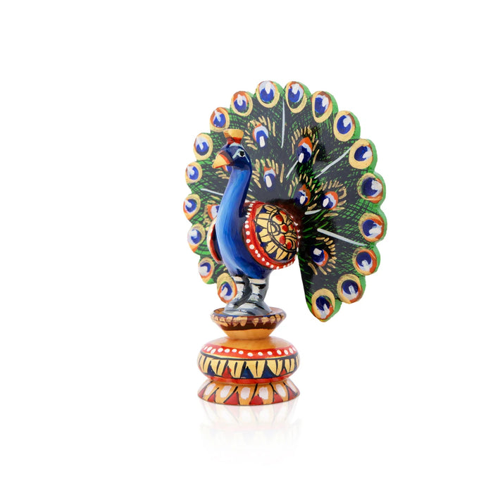 Peacock Statue - 3 x 2 Inches | Wooden Statue/ Painted Dancing Peacock Sculpture for Home Decor