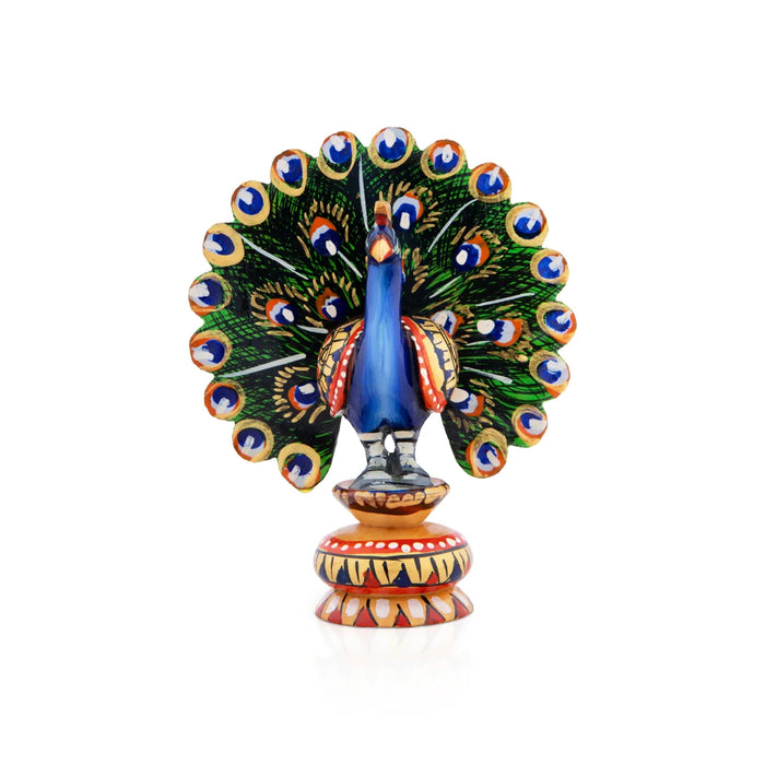 Peacock Statue - 4 x 2.5 Inches | Wooden Statue/ Painted Dancing Peacock Sculpture for Home Decor