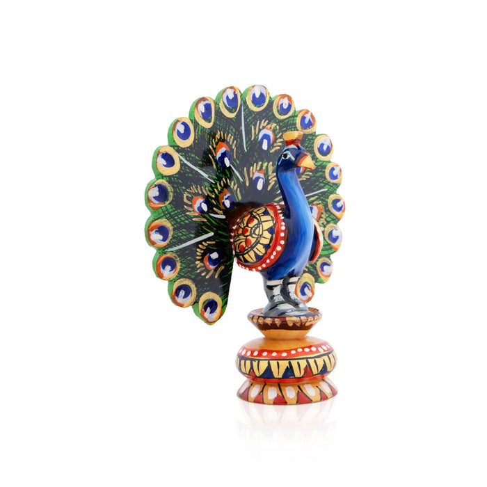 Peacock Statue - 4 x 2.5 Inches | Wooden Statue/ Painted Dancing Peacock Sculpture for Home Decor