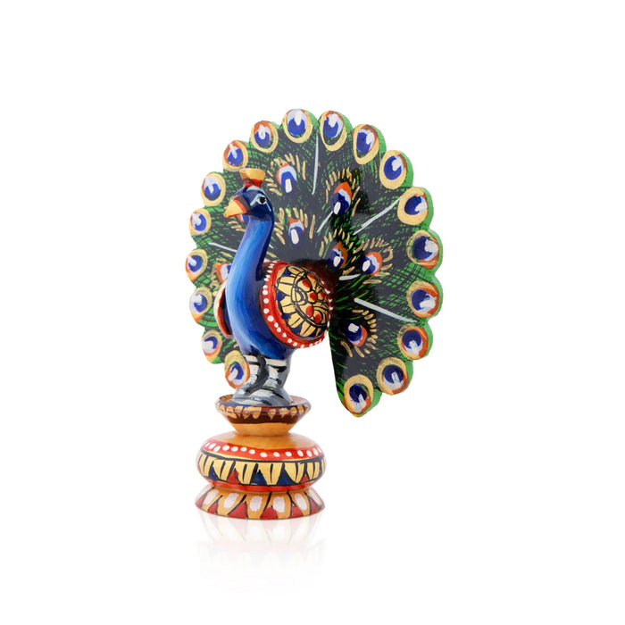 Peacock Statue - 4 x 2.5 Inches | Wooden Statue/ Painted Dancing Peacock Sculpture for Home Decor