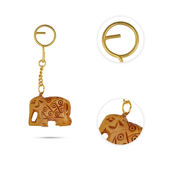 Elephant Design Key Chain - 1.5 x 1.75 Inches | Hand Carved Key Holder/ Wooden Key Ring for Car & Bike