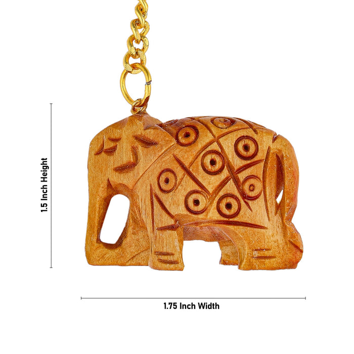 Elephant Design Key Chain - 1.5 x 1.75 Inches | Hand Carved Key Holder/ Wooden Key Ring for Car & Bike