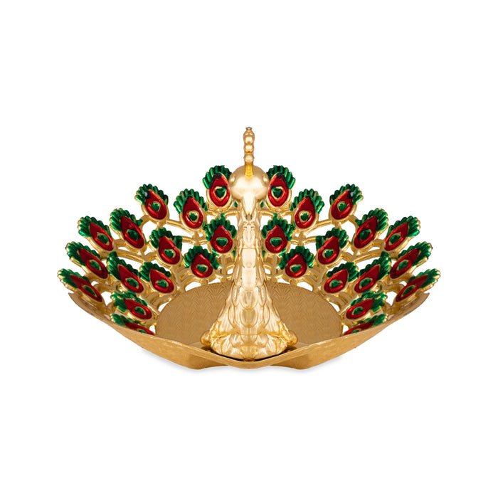 Pooja Tray - 6 x 6 Inches | Peacock Meenakari Design Serving Tray/ Decorative Plate for Home & Gifting