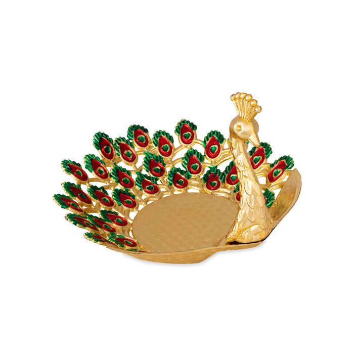 Pooja Tray - 6 x 6 Inches | Peacock Meenakari Design Serving Tray/ Decorative Plate for Home & Gifting