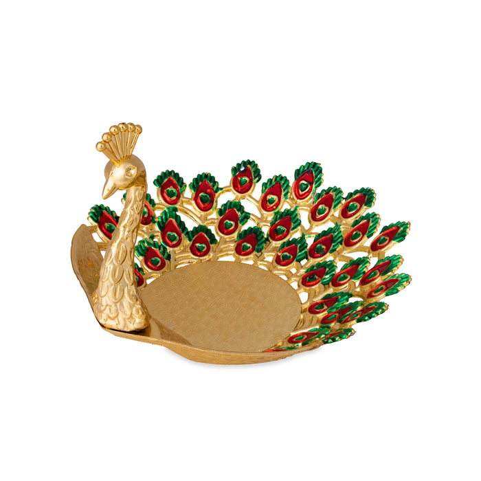 Pooja Tray - 6 x 6 Inches | Peacock Meenakari Design Serving Tray/ Decorative Plate for Home & Gifting