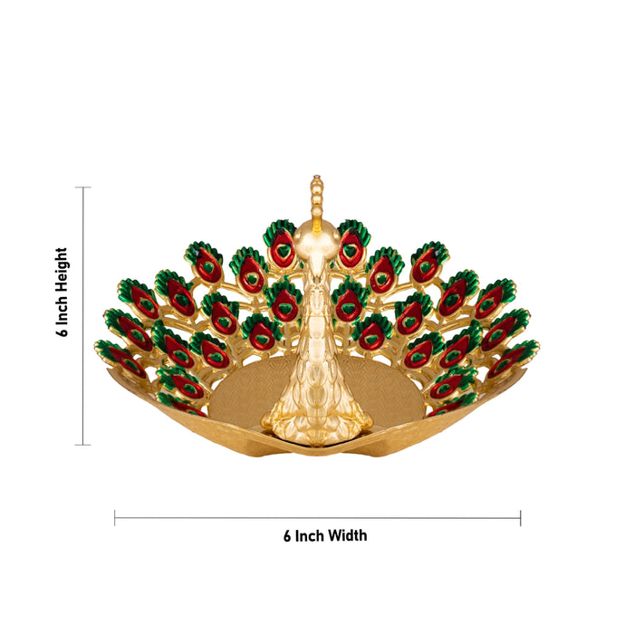 Pooja Tray - 6 x 6 Inches | Peacock Meenakari Design Serving Tray/ Decorative Plate for Home & Gifting