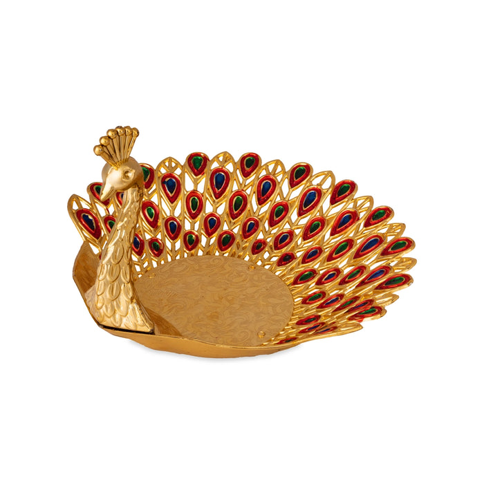 Pooja Tray - 6 x 6 Inches | Peacock Meenakari Design Serving Tray/ Decorative Plate for Home & Gifting