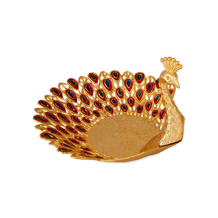 Pooja Tray - 6 x 6 Inches | Peacock Meenakari Design Serving Tray/ Decorative Plate for Home & Gifting