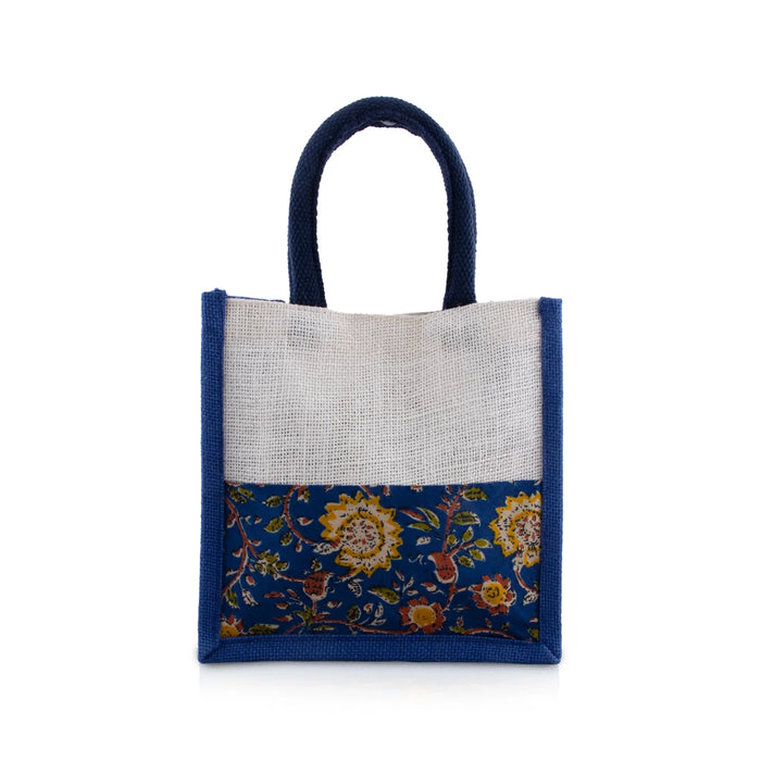 Jute Handbag - 8 x 8 Inches | Velcro Print Jute Tote Bag/ Kalamkari Cloth Jute Carry Bag for Women