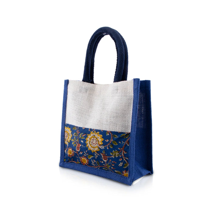 Jute Handbag - 8 x 8 Inches | Velcro Print Jute Tote Bag/ Kalamkari Cloth Jute Carry Bag for Women