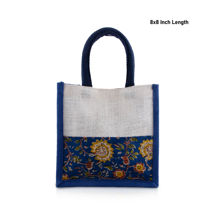 Jute Handbag - 8 x 8 Inches | Velcro Print Jute Tote Bag/ Kalamkari Cloth Jute Carry Bag for Women