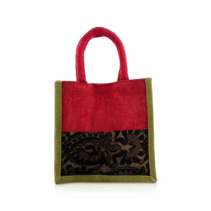 Jute Handbag - 8 x 8 Inches | Velcro Print Jute Tote Bag/ Kalamkari Cloth Jute Carry Bag for Women