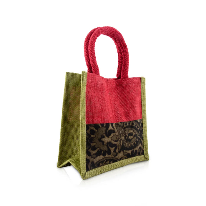 Jute Handbag - 8 x 8 Inches | Velcro Print Jute Tote Bag/ Kalamkari Cloth Jute Carry Bag for Women