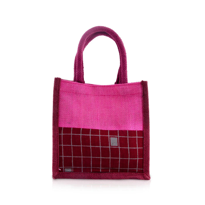 Jute Handbag - 8 x 8 Inches | Velcro Print Jute Tote Bag/ Kalamkari Cloth Jute Carry Bag for Women