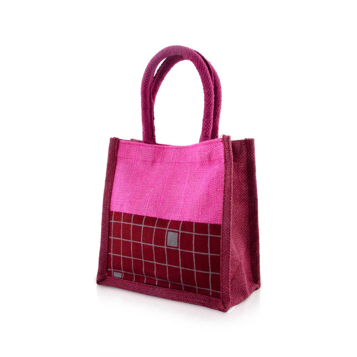 Jute Handbag - 8 x 8 Inches | Velcro Print Jute Tote Bag/ Kalamkari Cloth Jute Carry Bag for Women