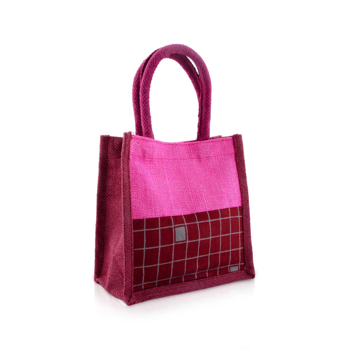 Jute Handbag - 8 x 8 Inches | Velcro Print Jute Tote Bag/ Kalamkari Cloth Jute Carry Bag for Women