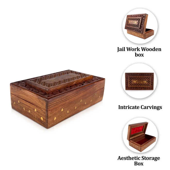 Jewel Box - 3 x 10 Inches | Jali Work Wooden Box/ Elephant Inlaid Design Storage Box for Home