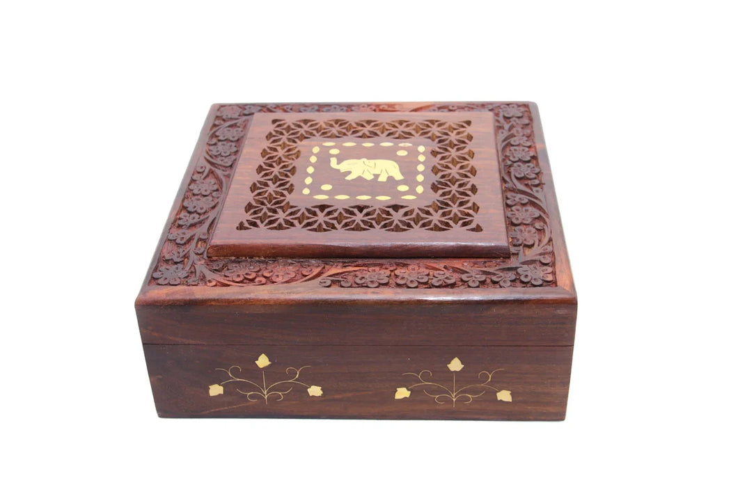 Wooden Box - 3 x 8 Inches | Jali Work with Elephant Inlaid Jewel Box/ Storage Box for Women