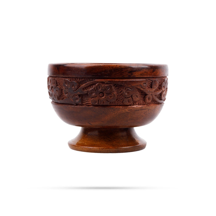 Wooden Bowl With Base - 3 x 4 Inches | Flower Design Engraved Pooja Bowl/ Wooden Cup for Home