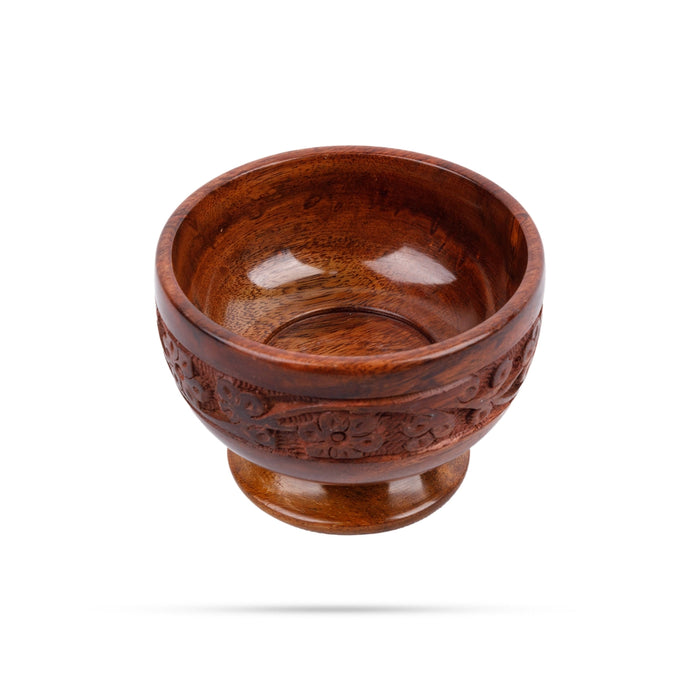 Wooden Bowl With Base - 3 x 4 Inches | Flower Design Engraved Pooja Bowl/ Wooden Cup for Home