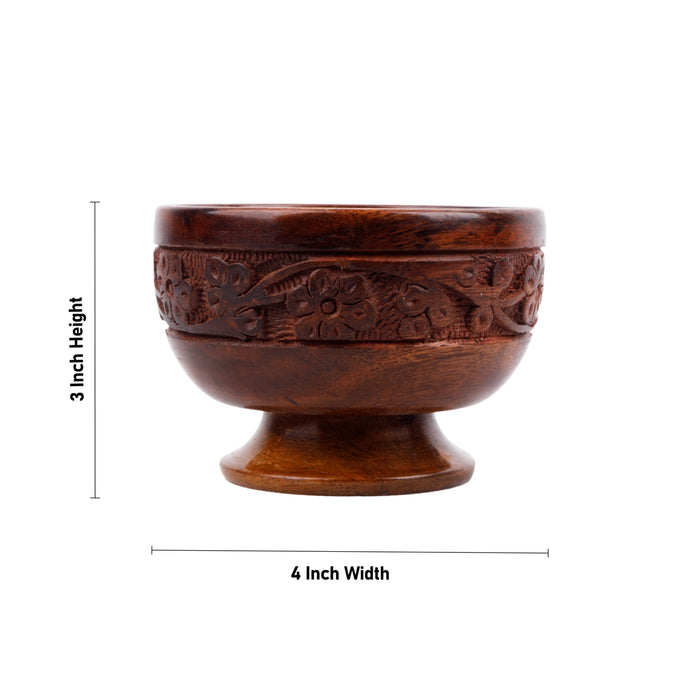 Wooden Bowl With Base - 3 x 4 Inches | Flower Design Engraved Pooja Bowl/ Wooden Cup for Home