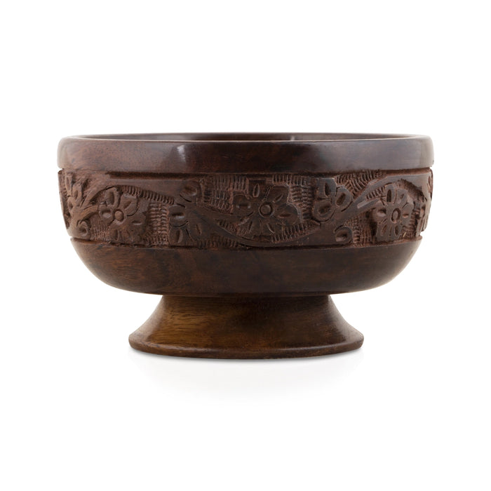 Wooden Bowl With Base - 3 x 5 Inches | Flower Design Engraved Pooja Bowl/ Wooden Cup for Home