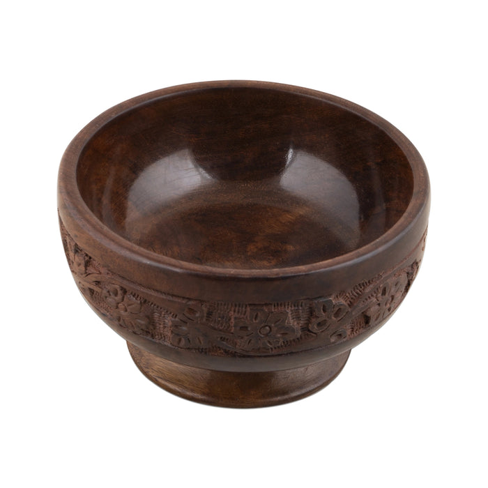 Wooden Bowl With Base - 3 x 5 Inches | Flower Design Engraved Pooja Bowl/ Wooden Cup for Home