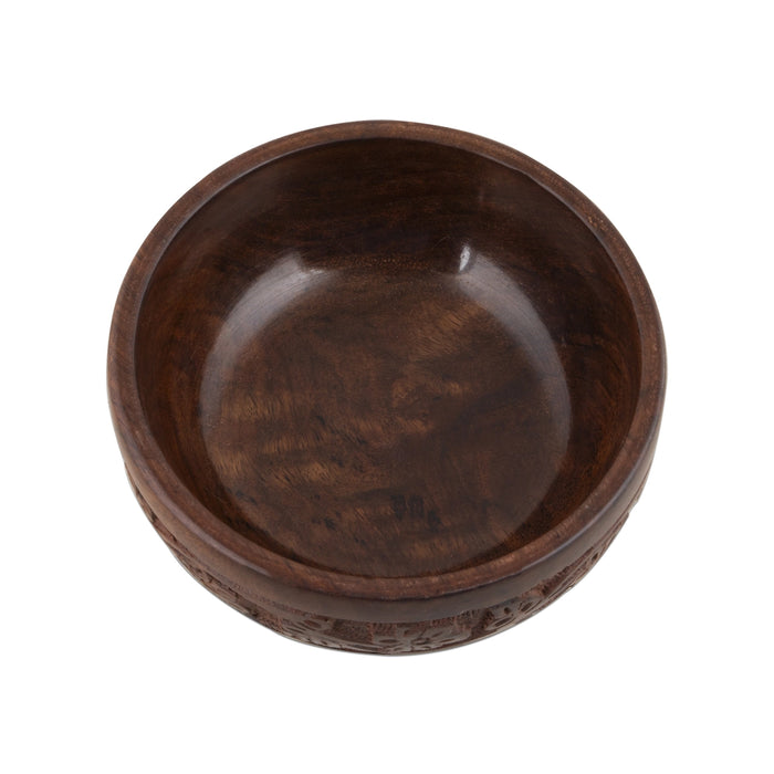 Wooden Bowl With Base - 3 x 5 Inches | Flower Design Engraved Pooja Bowl/ Wooden Cup for Home