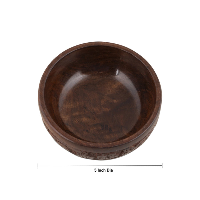 Wooden Bowl With Base - 3 x 5 Inches | Flower Design Engraved Pooja Bowl/ Wooden Cup for Home