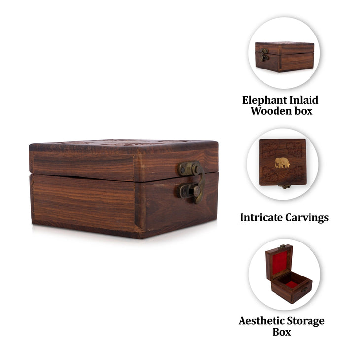 Jewel Box - 4 X 4 Inches | Wooden Box/ Elephant Inlaid Design Storage Box For Jewelry & Home