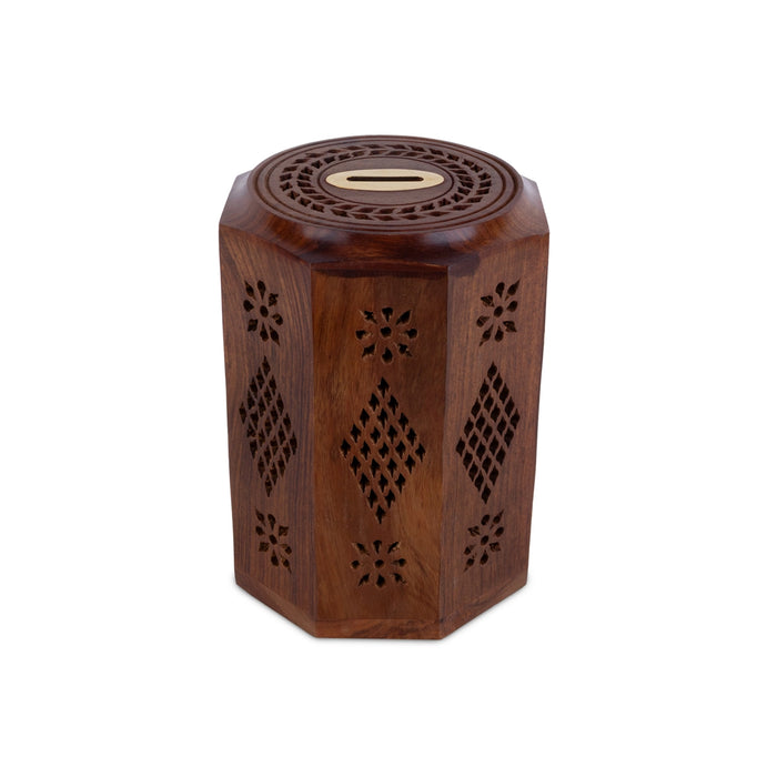 Coin Box - 7 x 4.5 Inches | Octagon Shape Money Box/ Wooden Jali work design Cash Box / Undiyal