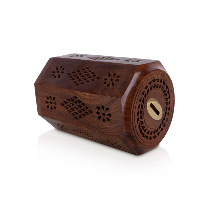 Coin Box - 7 x 4.5 Inches | Octagon Shape Money Box/ Wooden Jali work design Cash Box / Undiyal