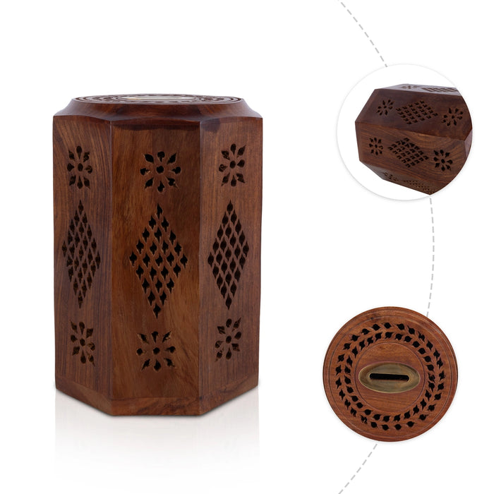 Coin Box - 7 x 4.5 Inches | Octagon Shape Money Box/ Wooden Jali work design Cash Box / Undiyal