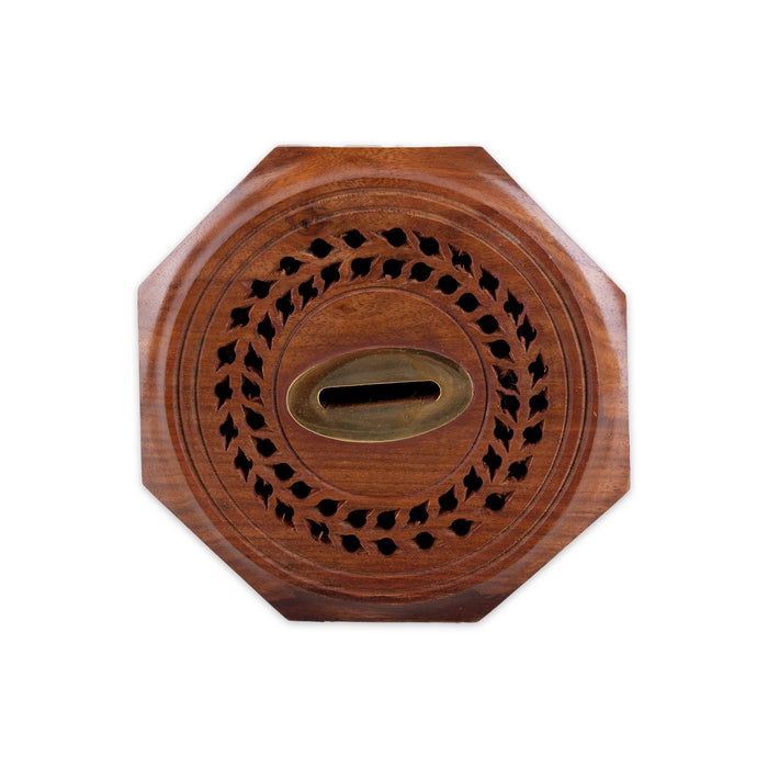 Coin Box - 7 x 4.5 Inches | Octagon Shape Money Box/ Wooden Jali work design Cash Box / Undiyal