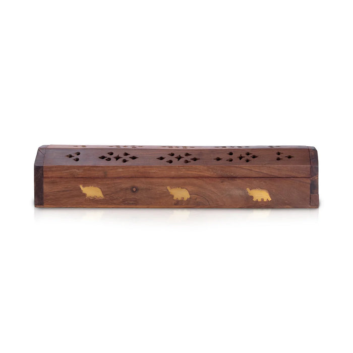 Agarbatti Stand - 2 x 12 Inches | Wooden Incense Holder/ Elephant Inlaid Design Agarbathi Box for Pooja