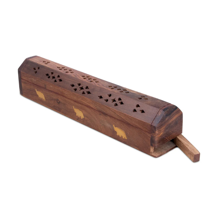 Agarbatti Stand - 2 x 12 Inches | Wooden Incense Holder/ Elephant Inlaid Design Agarbathi Box for Pooja