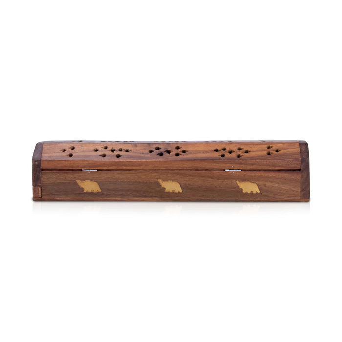 Agarbatti Stand - 2 x 12 Inches | Wooden Incense Holder/ Elephant Inlaid Design Agarbathi Box for Pooja