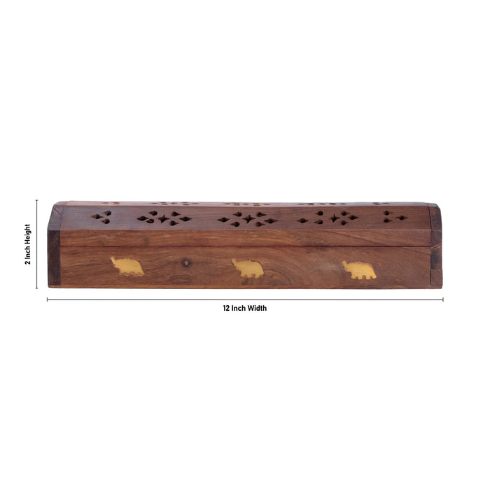 Agarbatti Stand - 2 x 12 Inches | Wooden Incense Holder/ Elephant Inlaid Design Agarbathi Box for Pooja