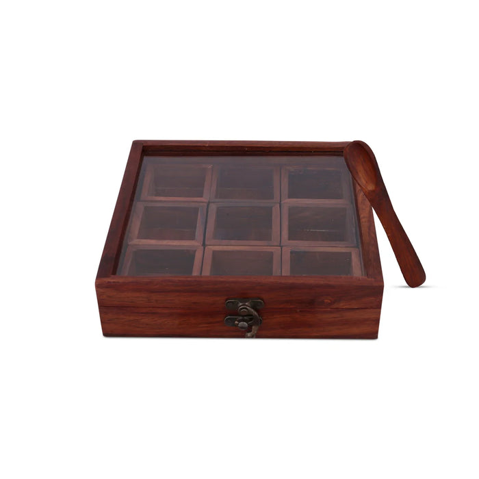 Spice Box With Spoon - 2 x 8 Inches | Wooden Box/ Masala Dabba with Spoon/ Glass Storage Box for Home