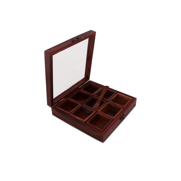 Spice Box With Spoon - 2 x 8 Inches | Wooden Box/ Masala Dabba with Spoon/ Glass Storage Box for Home
