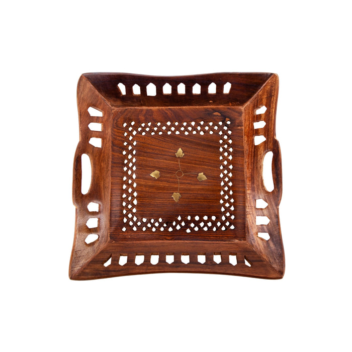 Wooden Tray - 1.5 x 10 x 10 Inches | Kitchen Tray/ Jali Design Decorative Plate/ Serving Tray for Home