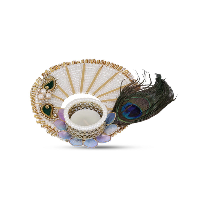 Diya Candle With Holder - 5.5 Inches | Peacock Feather & Flower Design Tealight Candle For Home Decor