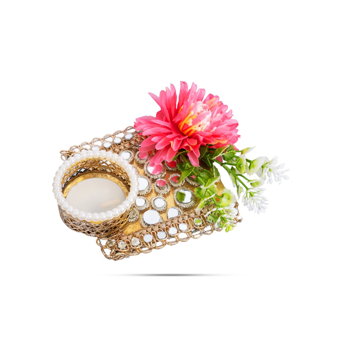 Decorative Candle With Holder - 1 x 3 Inches | Pearl with Flower Design Holder/ Candle For Home Decor