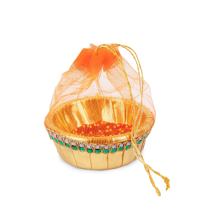 Decorative Tokri Basket With Net Cover- 3 x 3.75 Inches | Gift Hamper Basket/Chocolate Gift Basket For Storage