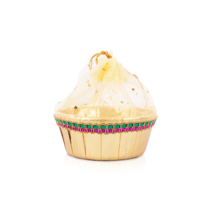 Decorative Tokri Basket With Net Cover - 2 x 4 Inches | Gift Hamper Basket/ Chocolate Gift Basket For Storage