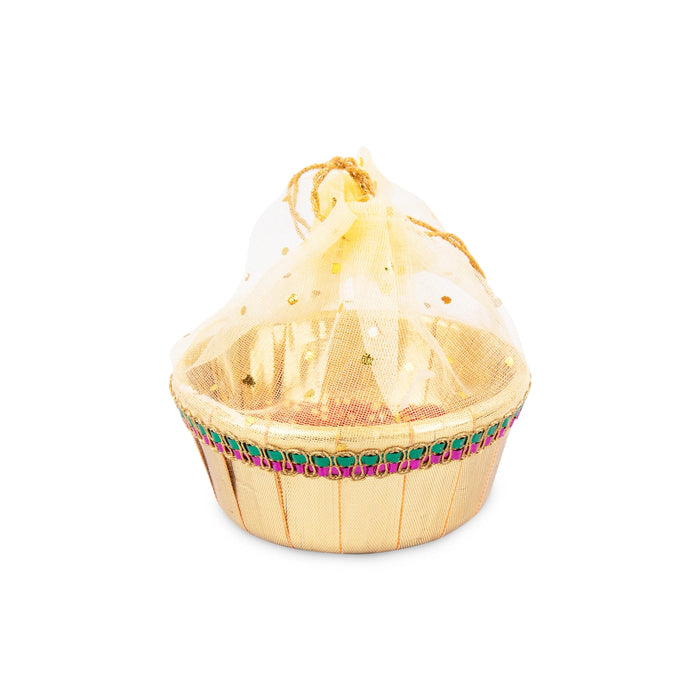 Decorative Tokri Basket With Net Cover - 2 x 4 Inches | Gift Hamper Basket/ Chocolate Gift Basket For Storage